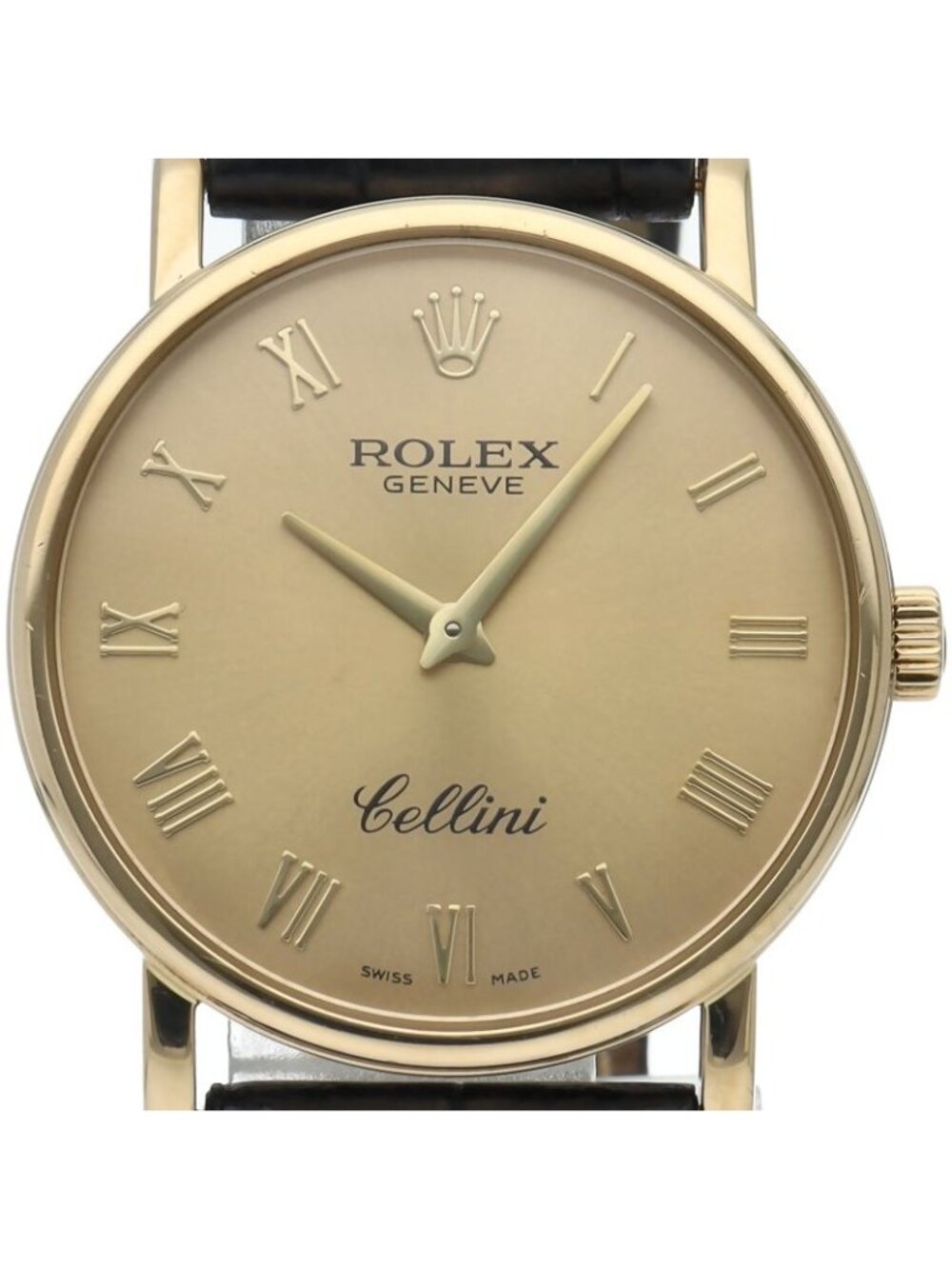 Rolex Cellini Watch Manual Winding 18k Yellow Gold Leather Champagne Color
